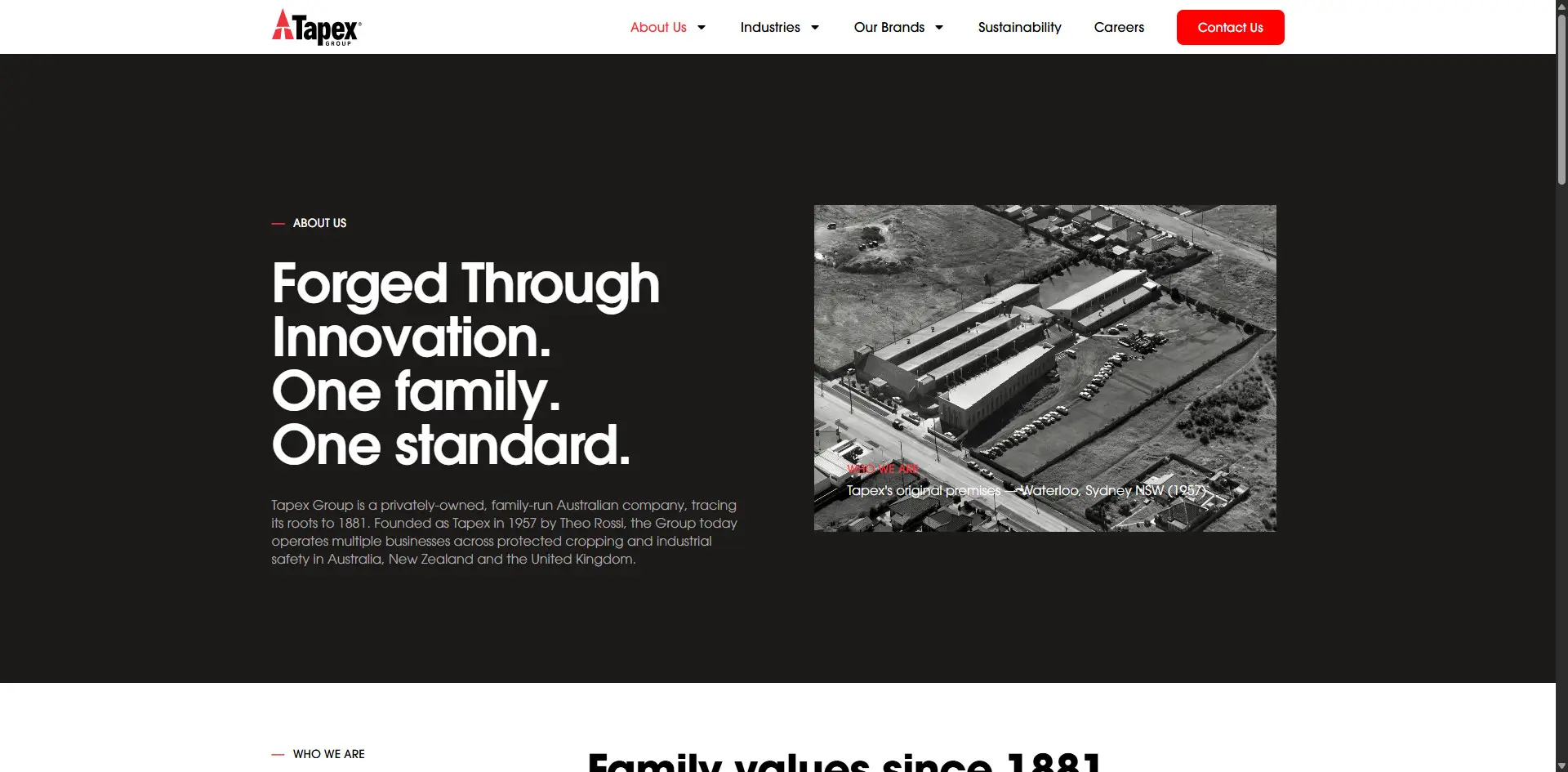 Tapex Group About Us page showing the original Waterloo premises in 1957