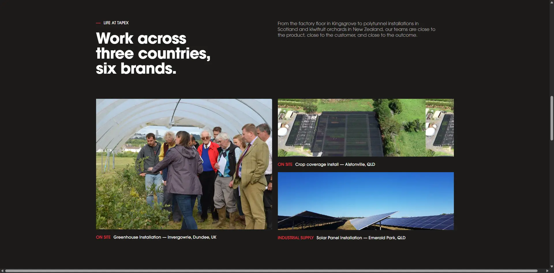 Tapex Group careers page showing on-site teams in the UK and Queensland
