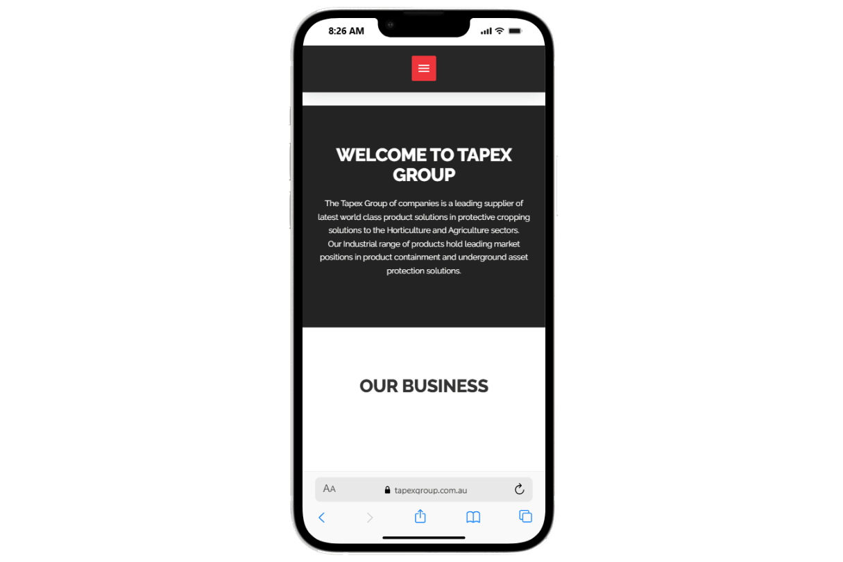 Previous Tapex Group website homepage on mobile before the redesign