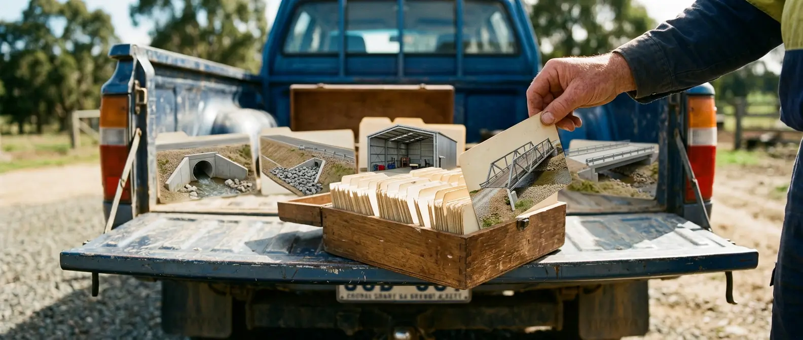 Card index of miniature civil projects on a ute tailgate, representing project evidence for tender positioning