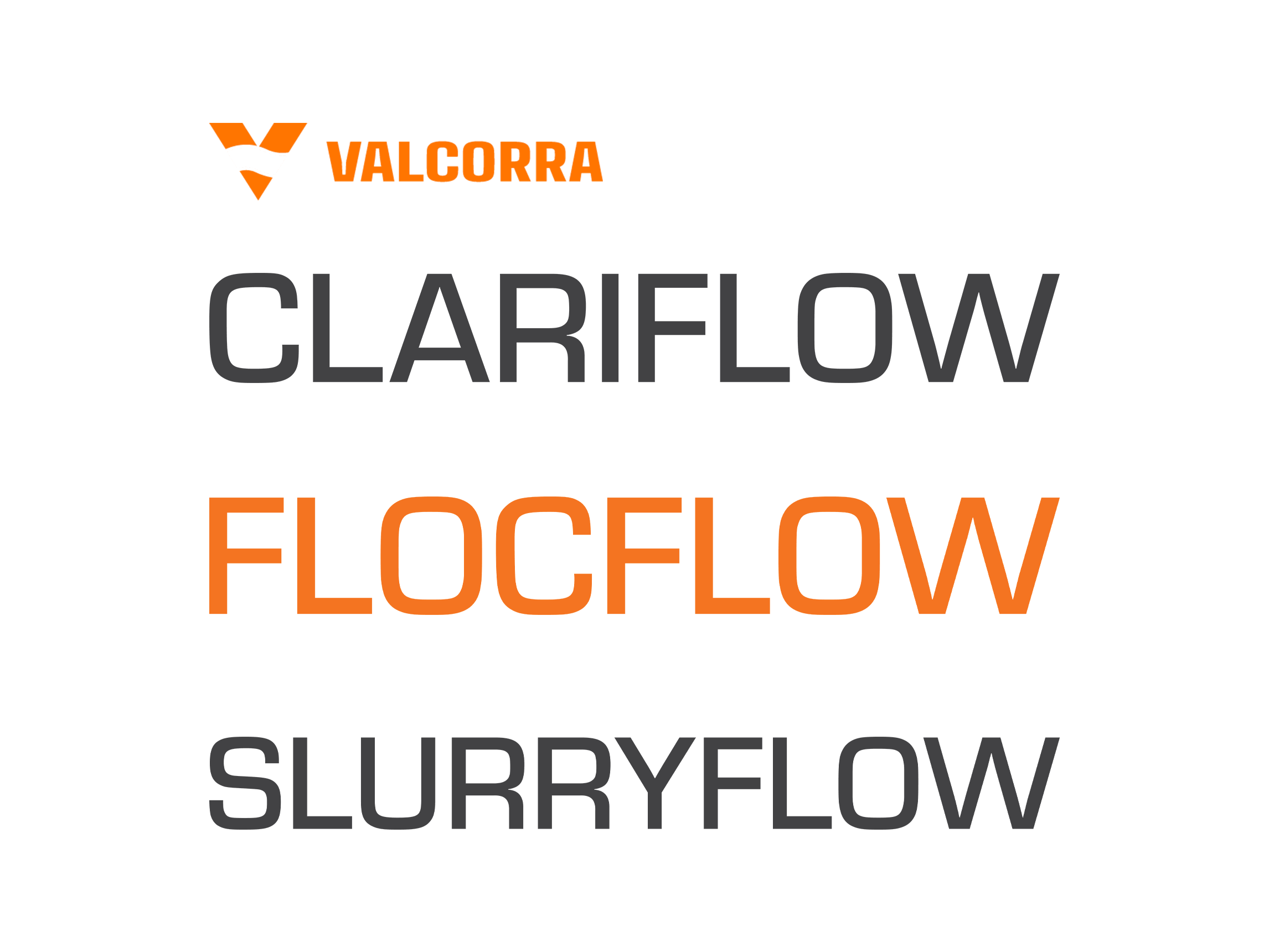 Valcorra brand mark with Clariflow, Flocflow and Slurryflow product wordmarks