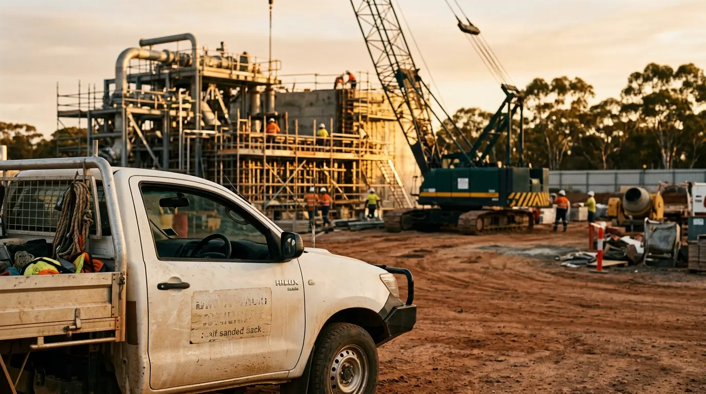 Dusty work ute with sun-faded door signage parked at a civil site in front of a new concrete pump station