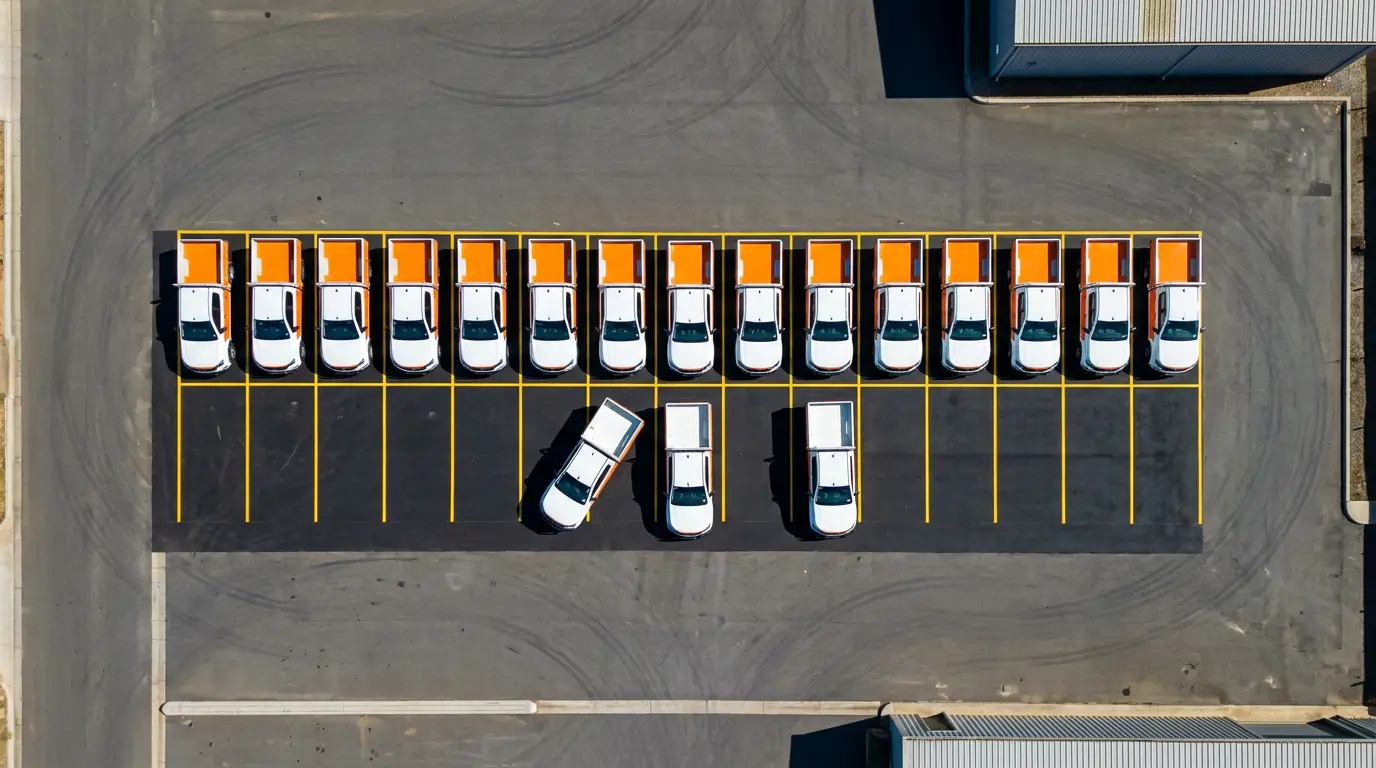 Aerial view of a depot yard with three utes pulled ahead of a row, illustrating winning government tenders through shortlist selection