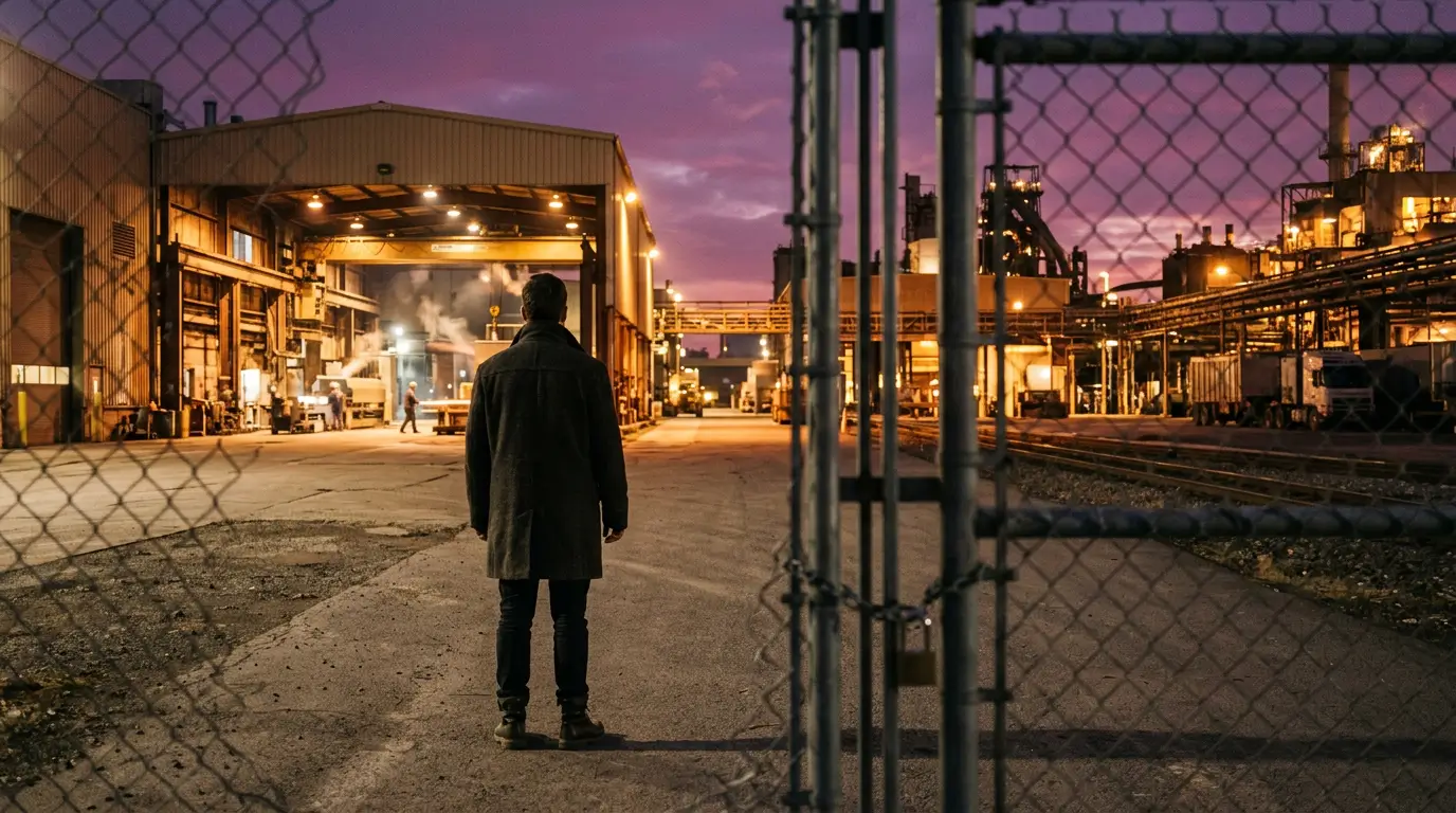 Man in a dark coat standing alone at an open gate at dusk, looking into a lit industrial plant, representing the investors and buyers who assess an industrial group before making contact