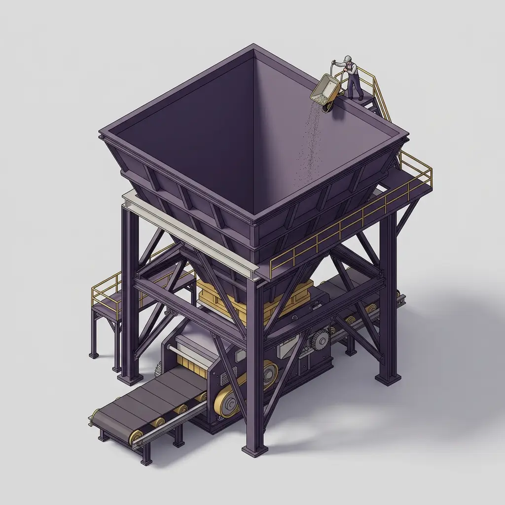 Isometric illustration of a worker tipping a small load into an oversized hopper, showing Smart Bidding starved of conversion volume