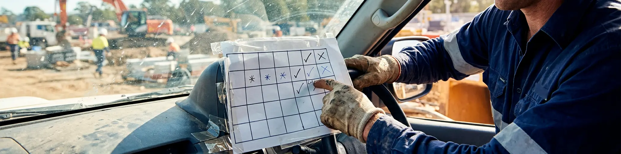 Driver with a wall calendar taped over the dashboard instead of a map