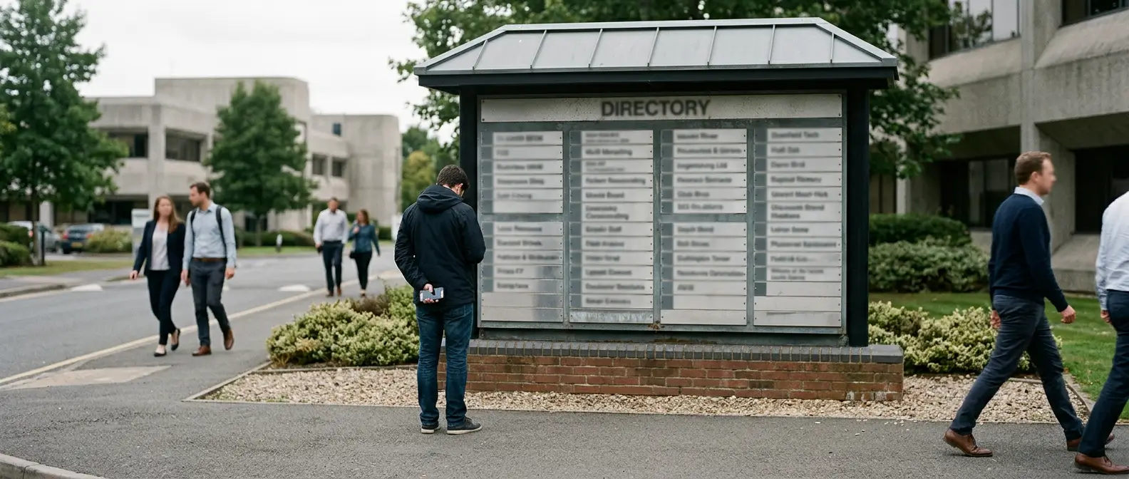 Passerby pausing at a directory board while others walk past