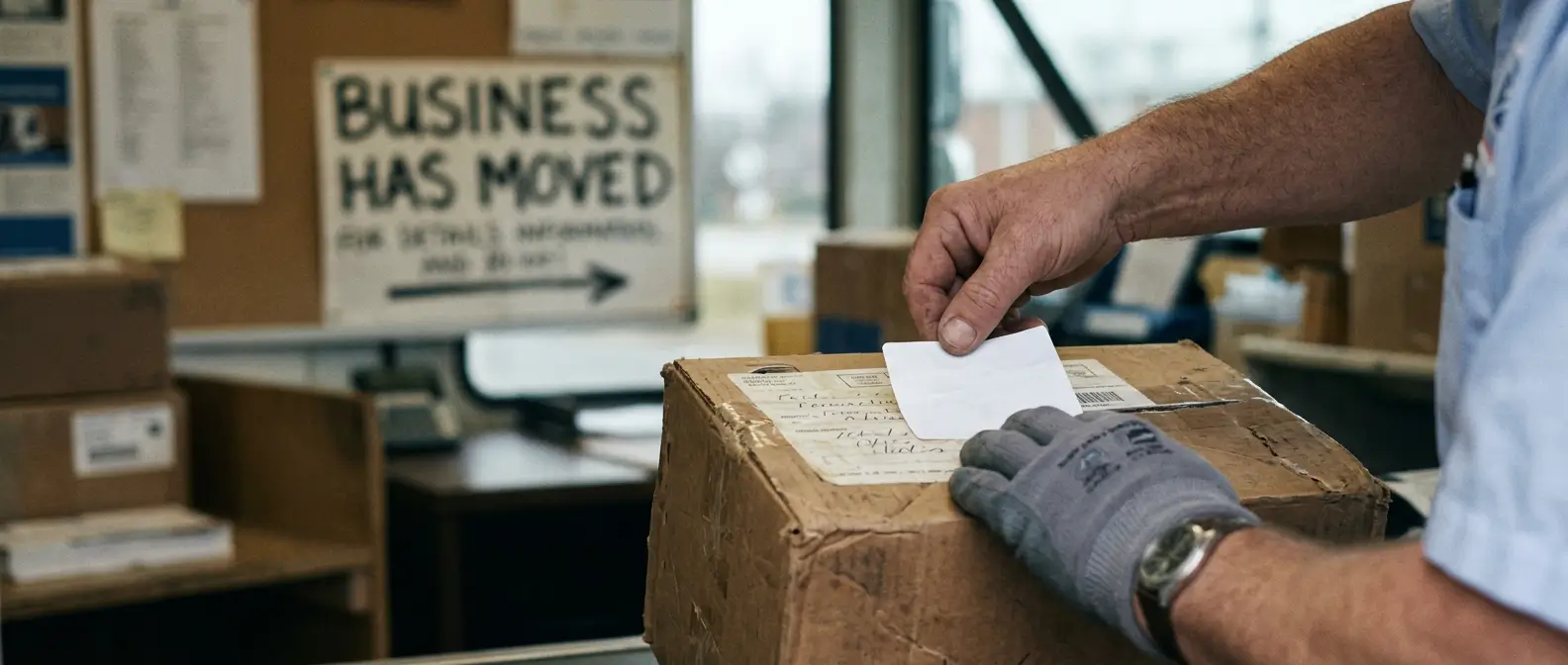 Postal worker applying a forwarding sticker to a parcel outside a relocated business, representing a website redirect map