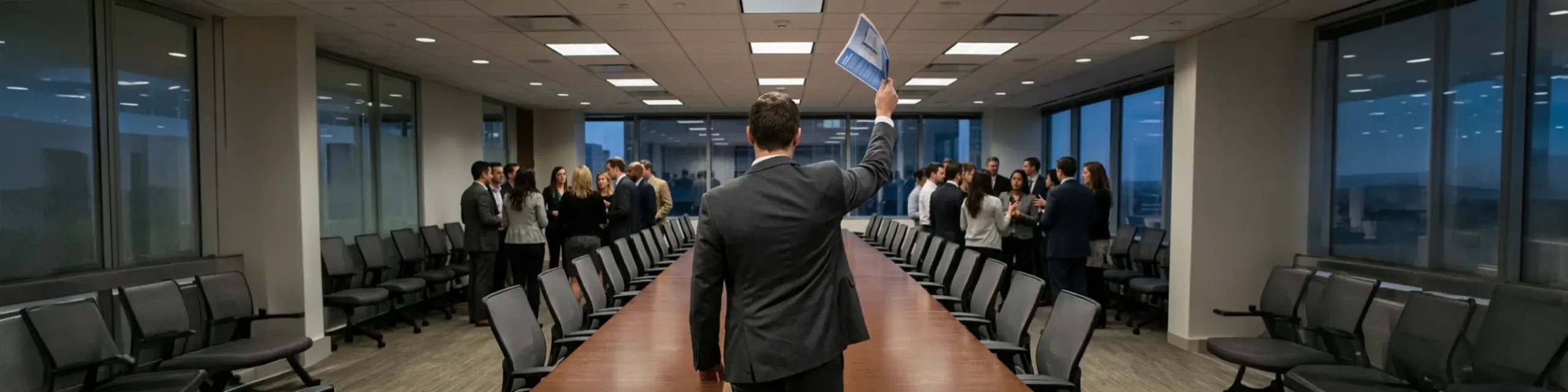 Lone salesperson waving for attention while a distant crowd gathers at the far end of a long boardroom table