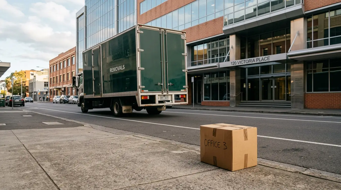Moving truck departing while a forgotten box sits alone on the kerb, representing content lost during a website migration