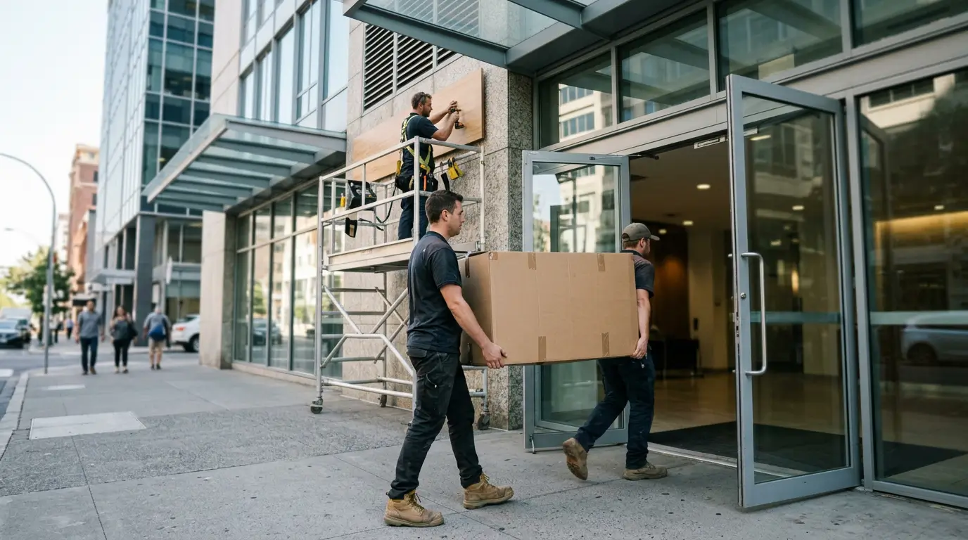 Office relocation in progress while a new sign goes up, representing the risks behind common website redesign mistakes