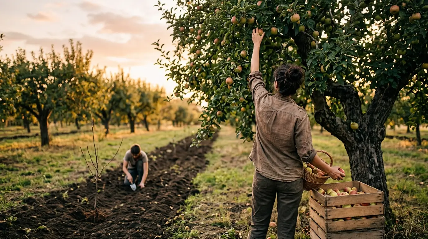 Worker harvesting fruit from a mature tree beside a newly planted seedling, representing the long-term benefits of SEO