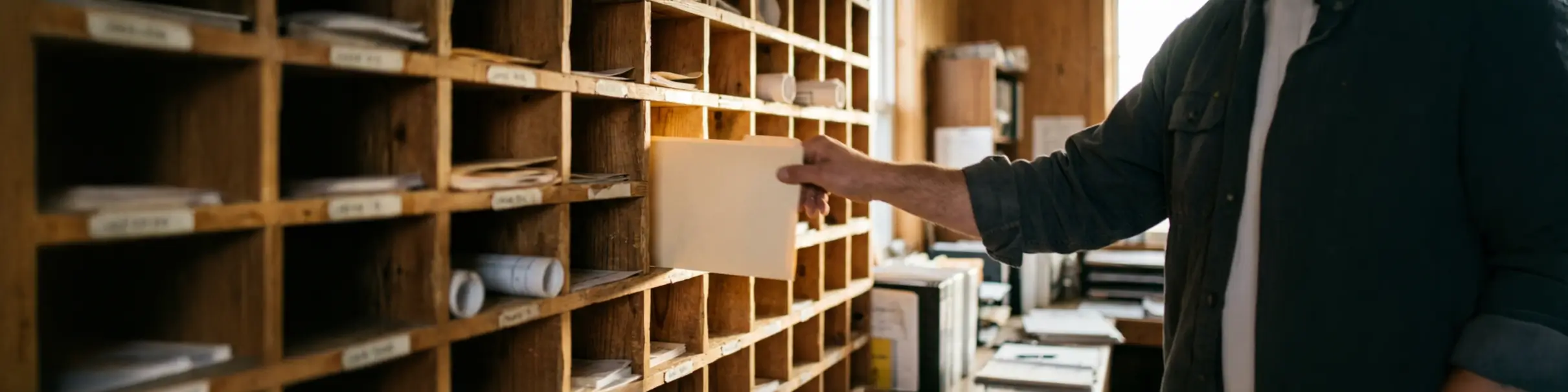 Hand filing a folder away into a pigeonhole wall, representing buyers filing your name away