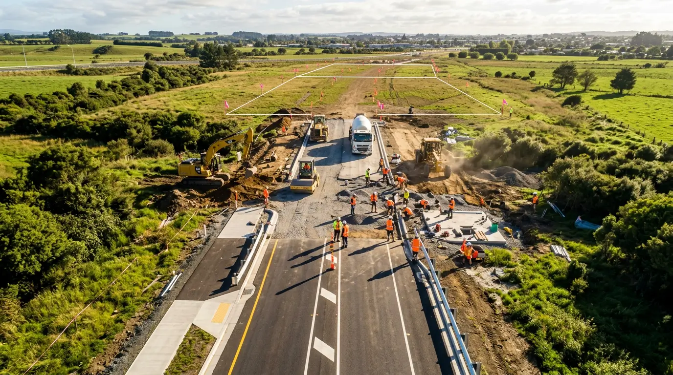 Aerial view of a construction site built in staged zones, representing a digital marketing roadmap