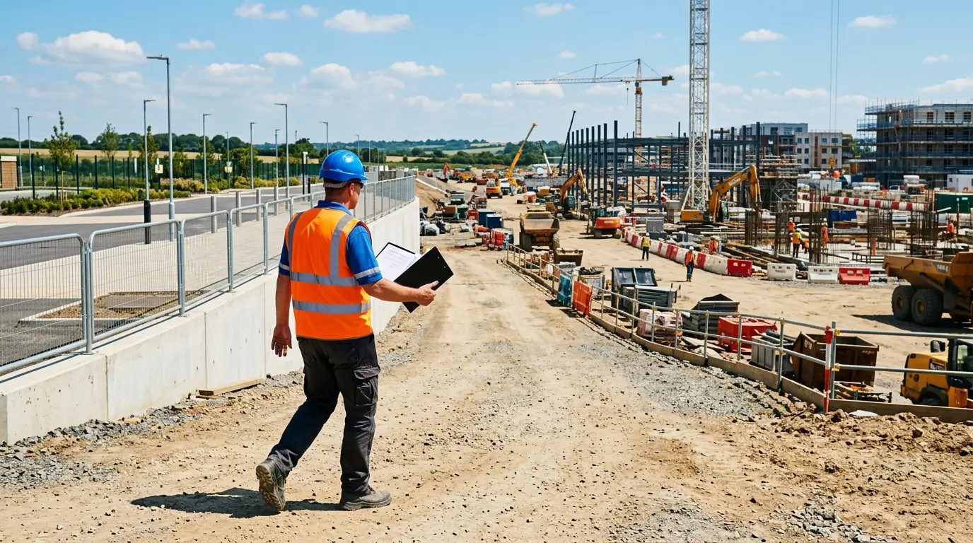 Supervisor walking a site inspection with a clipboard, checking one stage before moving to the next