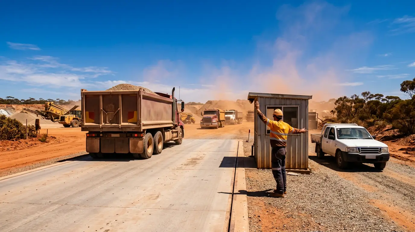 Weighbridge operator waving a loaded truck through and turning a small ute aside, representing Google Ads lead quality filtering