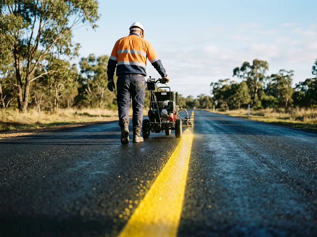 Crew member laying a fresh yellow line on a new road