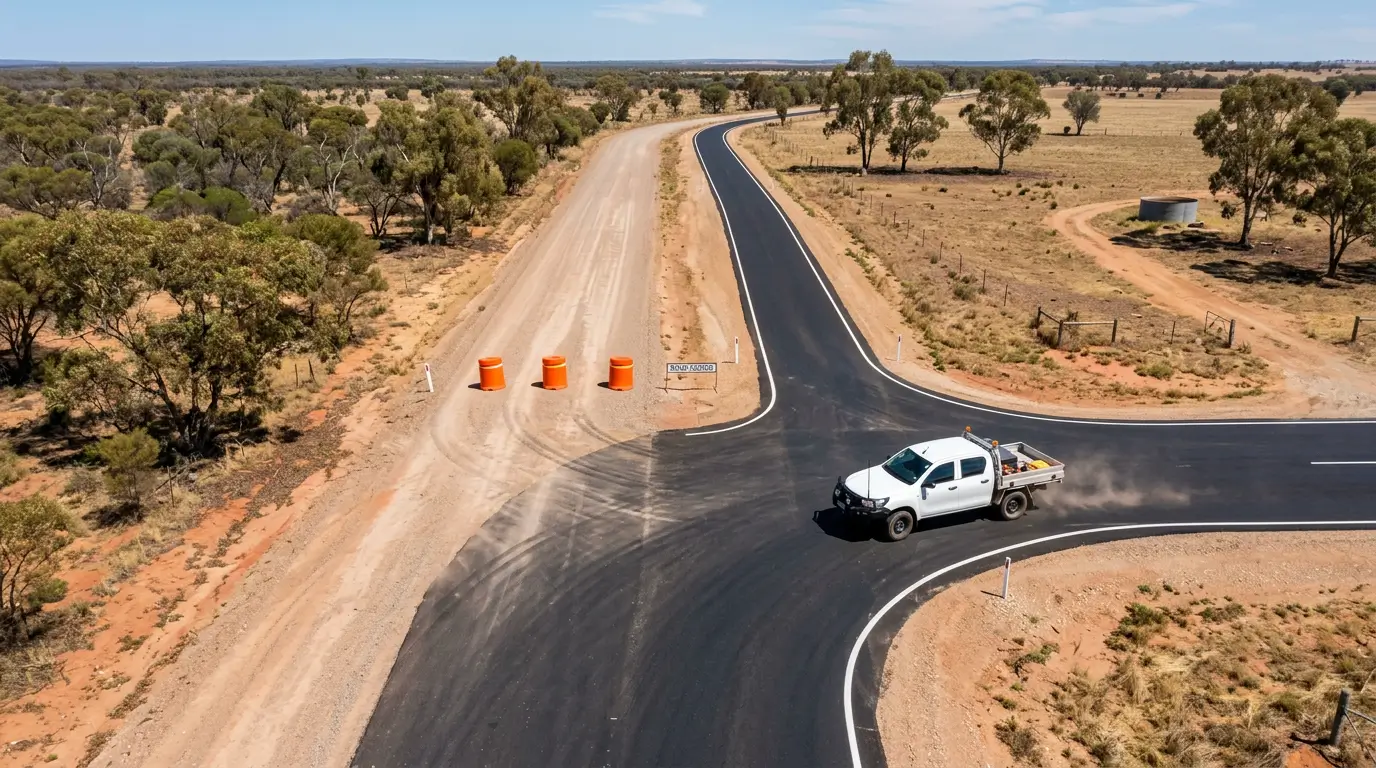 Aerial view of a closed gravel road beside a new sealed road