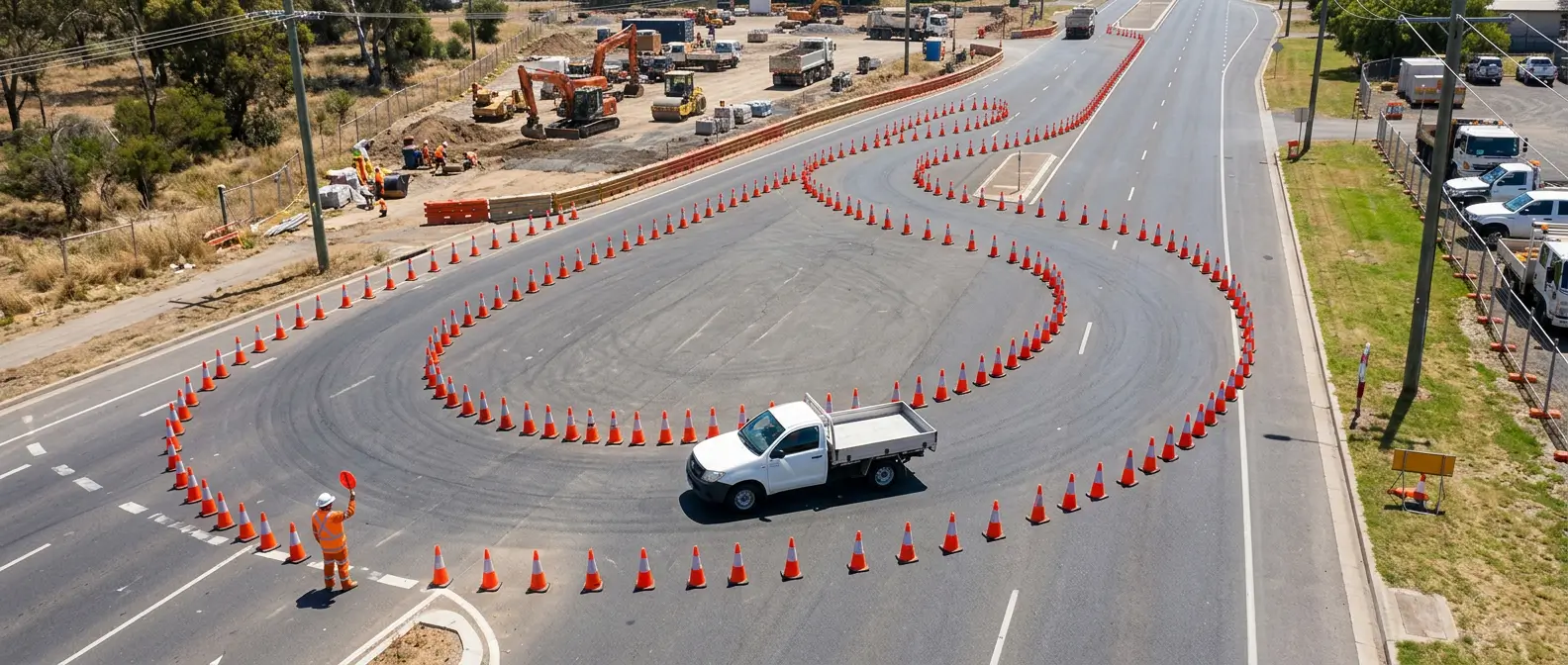 Cones sending a ute through a winding detour, illustrating internal linking issues